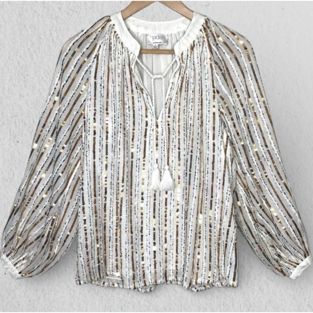Jade Johnny Wasโ Eden Striped Peasant Blouse Top Sequin Textured Boho White sz S